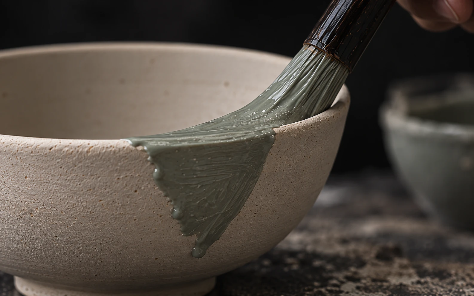 刷笔将釉料施于坯体表面的制作概念影像